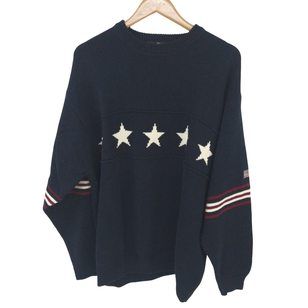 Cotton Traders Americana Stars Sweater XL Navy USA Flag Cotton Preppy Knit